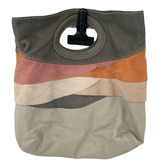 Fossil Fifty-Four SOCKEYE Salmon Tan Gray Ruffled Suede Leather Handbag Purse - Picture 2 of 7